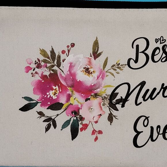 Best Nurse Ever Zipper Makeup Travel Supply Bag Oatmeal Pink Roses - Picture 4 of 7